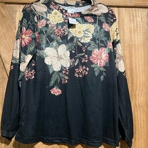 Floral Long-Sleeve Crewneck Top - Black with Pink & Cream Flowers